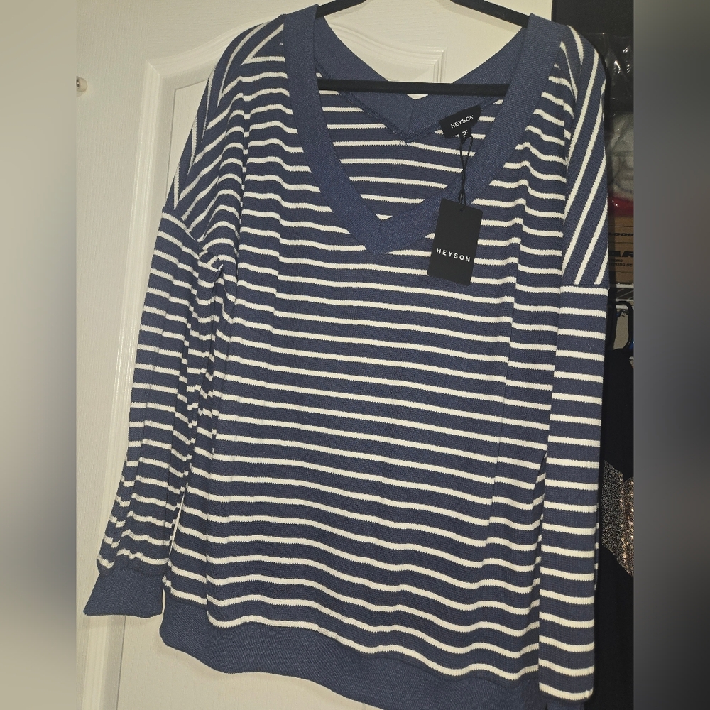 Heybon Women's Off-the-Shoulder Striped Sweater - Blue and White